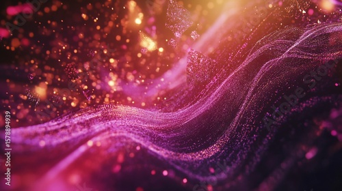 Abstract digital waves of glowing particles flow with vibrant magenta and golden hues