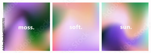 Abstract vector backgrounds in modern gradient style, featuring soft, blurs in green, teal, pink, and cream colors. The look is calm, minimal, and atmospheric, evoking nature and tranquility.