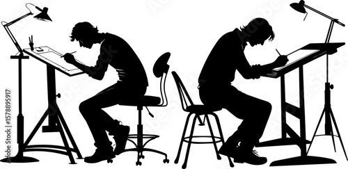 Artists or Architects Working on Drawing Tables: Silhouettes of Creative Professionals