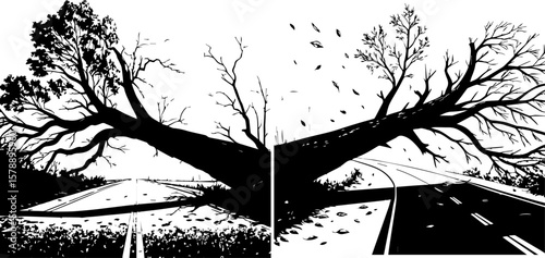 Fallen Trees Blocking Road: Natural Disaster and Storm Aftermath Vector Illustration