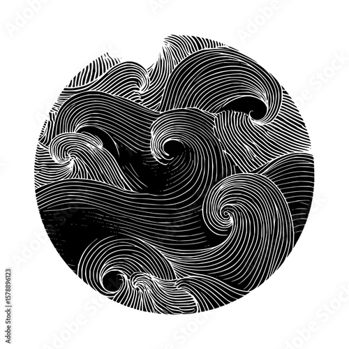 Circular design featuring stylized waves with intricate line work in black and white illustration art