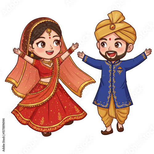 Cute Cartoon Indian Wedding Couple Celebrating their Culture Tradition