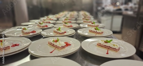 Rows of Elegant Dessert Plates in a Professional Kitchen Setting