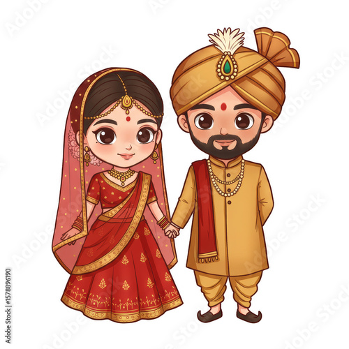 Cute Cartoon Indian Wedding Couple Illustration Transparent Backdrop