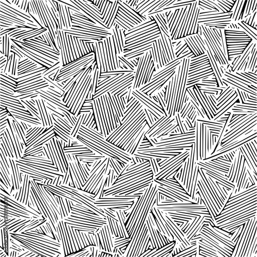 Monochrome abstract pattern featuring dense arrangement of geometric shapes and parallel lines