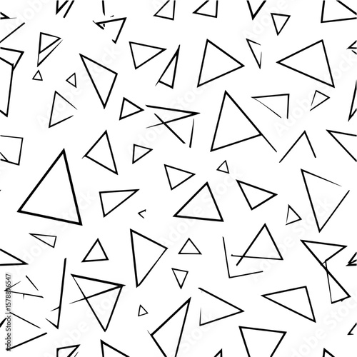 Seamless pattern of randomly scattered black outlined triangles on a white background creating a modern design