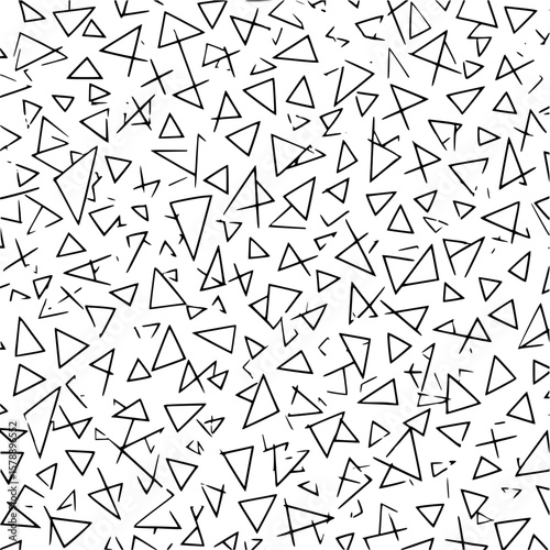 Seamless pattern of scattered black outlined triangles and lines on a white background creates a dynamic design