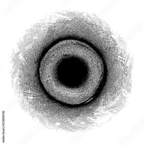 Abstract monochrome vortex illustration with intricate line work and central dark void creating depth