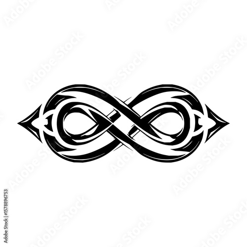Infinity symbol with tribal arrowheads on both ends in black and white tattoo style illustration