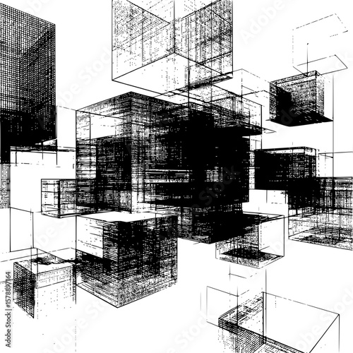 Complex arrangement of wireframe cubes in black and white creating an abstract architectural design
