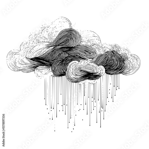 Stylized graphic illustration of a cloud formation with rain depicted in black and white lines art style