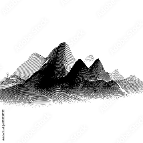 Illustration of a mountain range with varied peaks and textures created with parallel lines technique