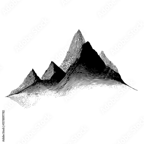Illustration of mountain range with layered line shading in black and white monochrome style landscape art