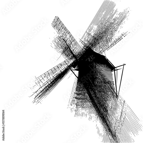 Detailed black and white sketch of a windmill with intricate line work and textural representation of blades