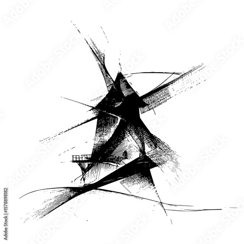 Abstract sketch of a building with sharp angles and a small platform in black and white style art