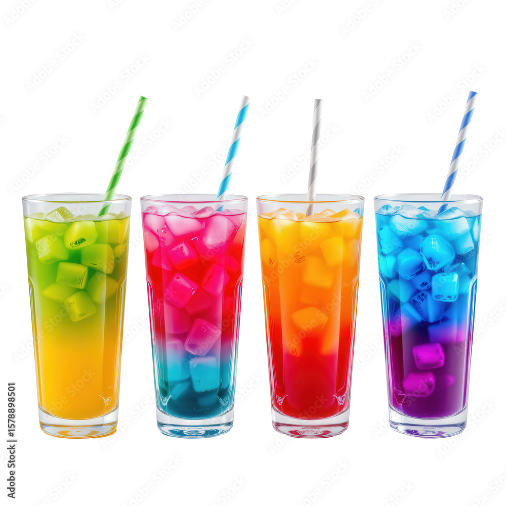 Colorful Layered Drinks with Ice in Clear Glasses on Transparent background Colorful Layered Drinks with Ice in Clear Glasses on Transparent background