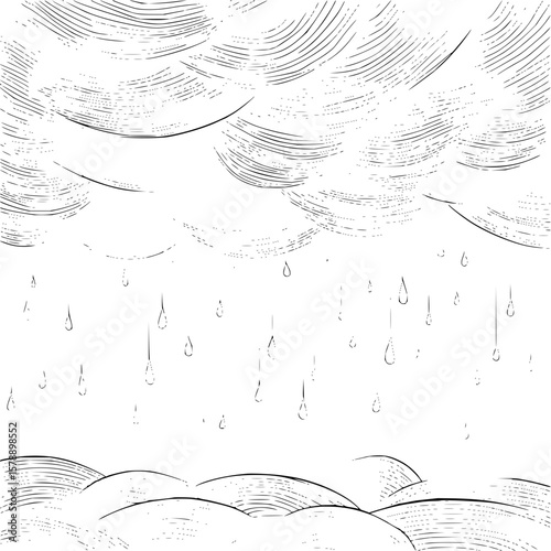 Illustration of a rainy landscape with clouds and raindrops over rolling hills in black and white style