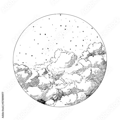 Illustration of clouds and stars inside a circle with detailed line work and shading techniques shown
