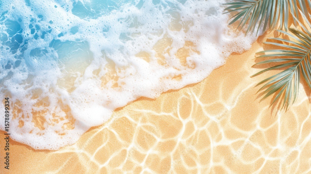 Fototapeta premium Serene Seaside: The sun-kissed shore, where gentle waves meet the sandy beach. A tranquil coastal scene evokes a feeling of warmth, peace and relaxation, offering a visual escape to paradise.