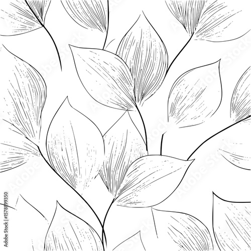 Monochrome botanical pattern featuring stylized leaves with delicate line details and thin stems design