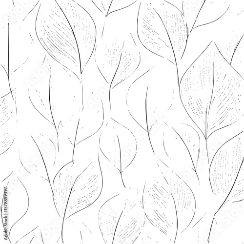 Delicate line art illustration featuring a dense pattern of stylized leaves and stems in black and white