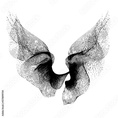 Abstract monochrome illustration of two faces about to kiss with intricate line work and shading