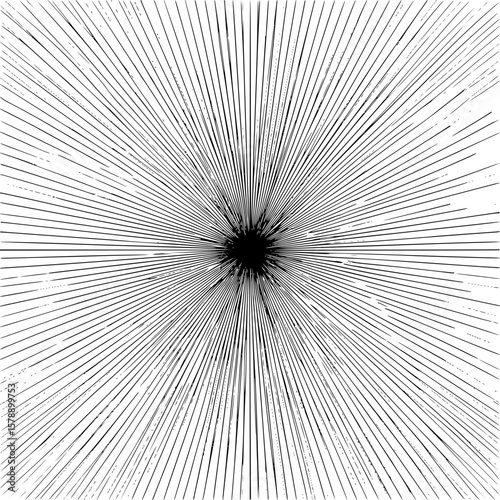 Black and white radial lines emanating from a central point creating a burst effect pattern design