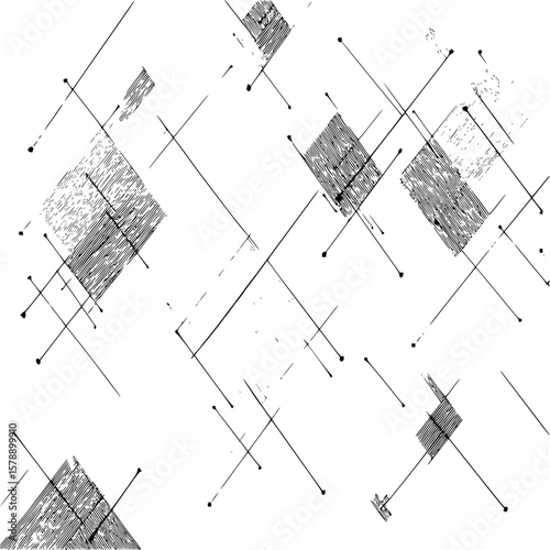 Abstract geometric pattern featuring hatched squares and intersecting lines on white background design element