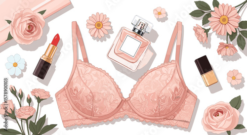 Pink lace bra surrounded by flowers, lipstick, and perfume bottles  