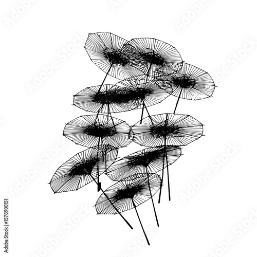 A monochrome illustration of a cluster of stylized dandelion seed heads with delicate line work design