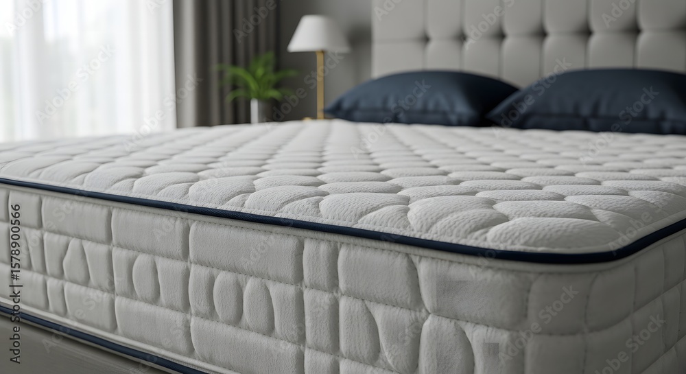 Naklejka premium Comfortable white mattress with quilted surface and navy blue trim on a bed with pillows