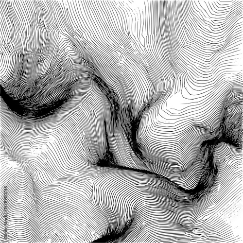 Abstract topographic map illustration featuring dense contour lines in black and white showing elevation changes