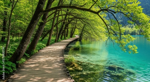 Wooden boardwalk winding along turquoise water in a lush green forest