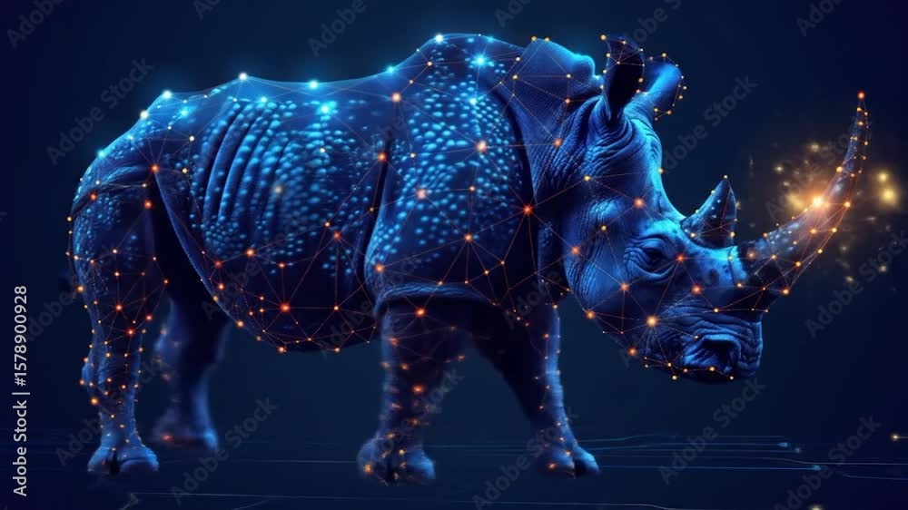 Digital Rhino: A futuristic depiction of a rhino, rendered in glowing lines and nodes, evoking themes of technology and wildlife conservation.