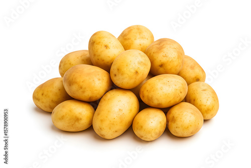 Pile of fresh golden potatoes on a clean white background representing organic farming and nutritious vegetables