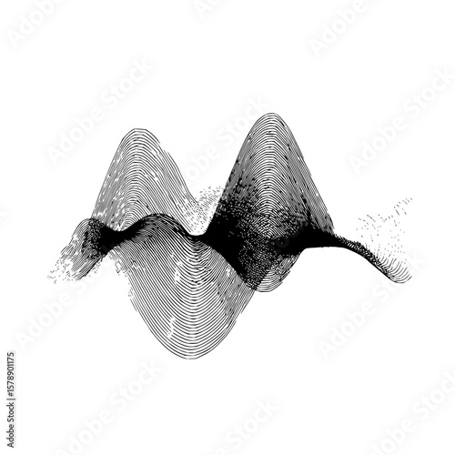 Abstract black and white illustration of wavy lines forming a mountain range with varying density