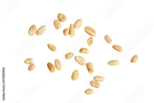 The Top view photograph of peanuts scattered on white background.