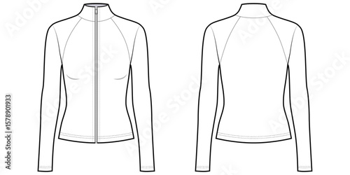 Women's Slim Fit Full Zip Athletic Jacket- Front and Back View- Flat Vector Illustration-CAD Mock-up