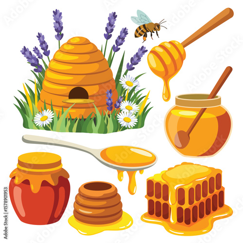 Sweet honey collection featuring beehive flowers and delicious honey products