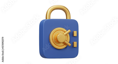 Blue Security Safe with Golden Lock 3d Rendering Transparent Background