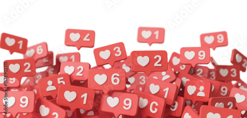 A large pile of red social media notification icons with hearts and numbers
