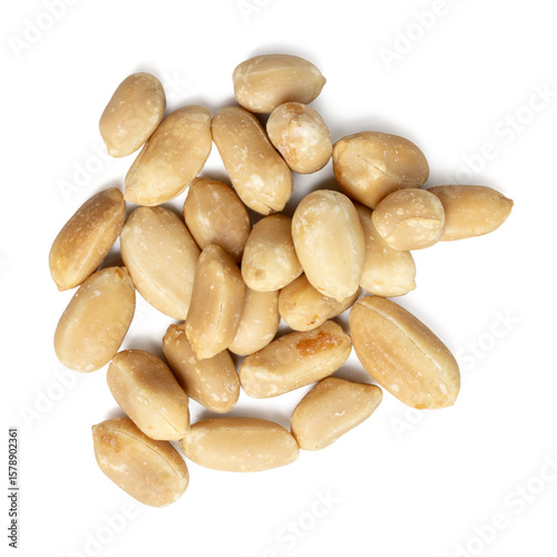 The Top view photograph of peanuts scattered on white background.