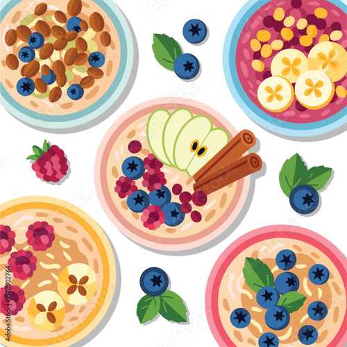 Flat lay of colorful bowls filled with healthy oatmeal and fresh fruits