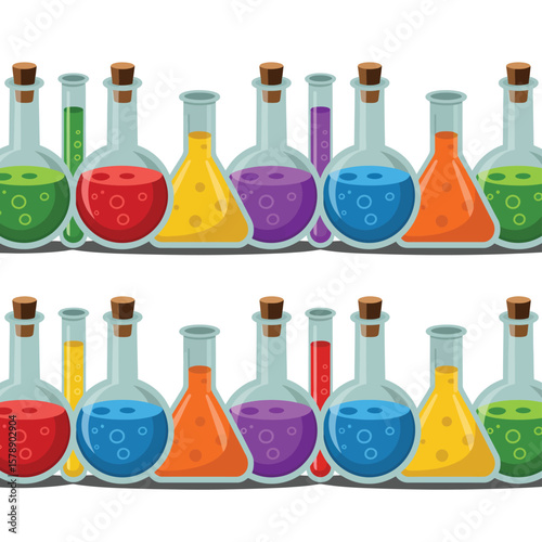Colorful chemical laboratory flasks and test tubes filled with liquids in a repeating pattern