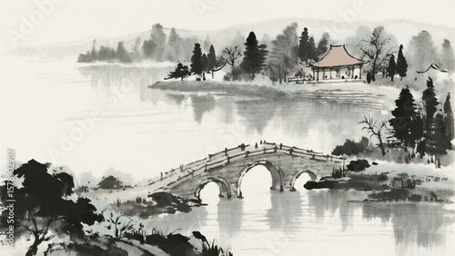 Bamboo Rain Haze Japanese style landscape isolated watercolor vector illustration svg