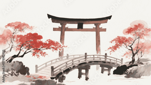 Sansui Essence Japanese style landscape isolated watercolor vector illustration svg