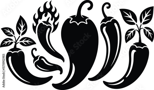 Black Chili Pepper Silhouette Bundle, Spicy Hot Vegetable Vector Icons with Fire and Leaves.

