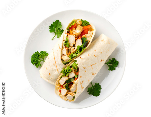  Top-Down View of Sliced Shawarma Wrap with Chicken and Hummus Filling, Isolated