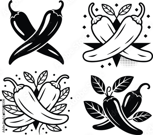 Chili Pepper Vector Icons, Spicy Food Silhouette Set with Leaves and Shapes.

