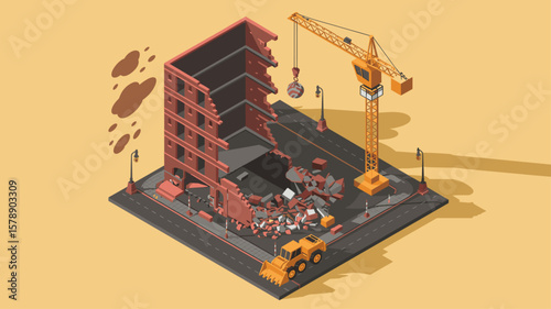 wrecking ball demolishing building at construction site, vector illustration for the demolition phase, urban redevelopment and construction industry